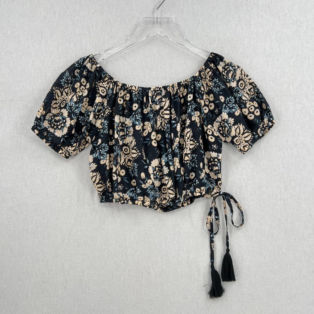 TIARE HAWAII Shirt Womens One Size Black Floral Lover Off the Shoulder Crop Top - Picture 2 of 12